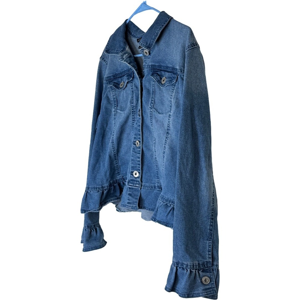 Baccini Denim Jacket Women XL Blue Ruffle Cuff Peplum Hem Button Front Jean Coat - Picture 5 of 11